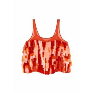 NEW TELA women's arika fringe sequin top in blood orange